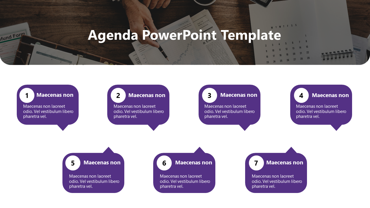 Professional agenda PowerPoint template with numbered sections and purple speech bubble design with a background image.