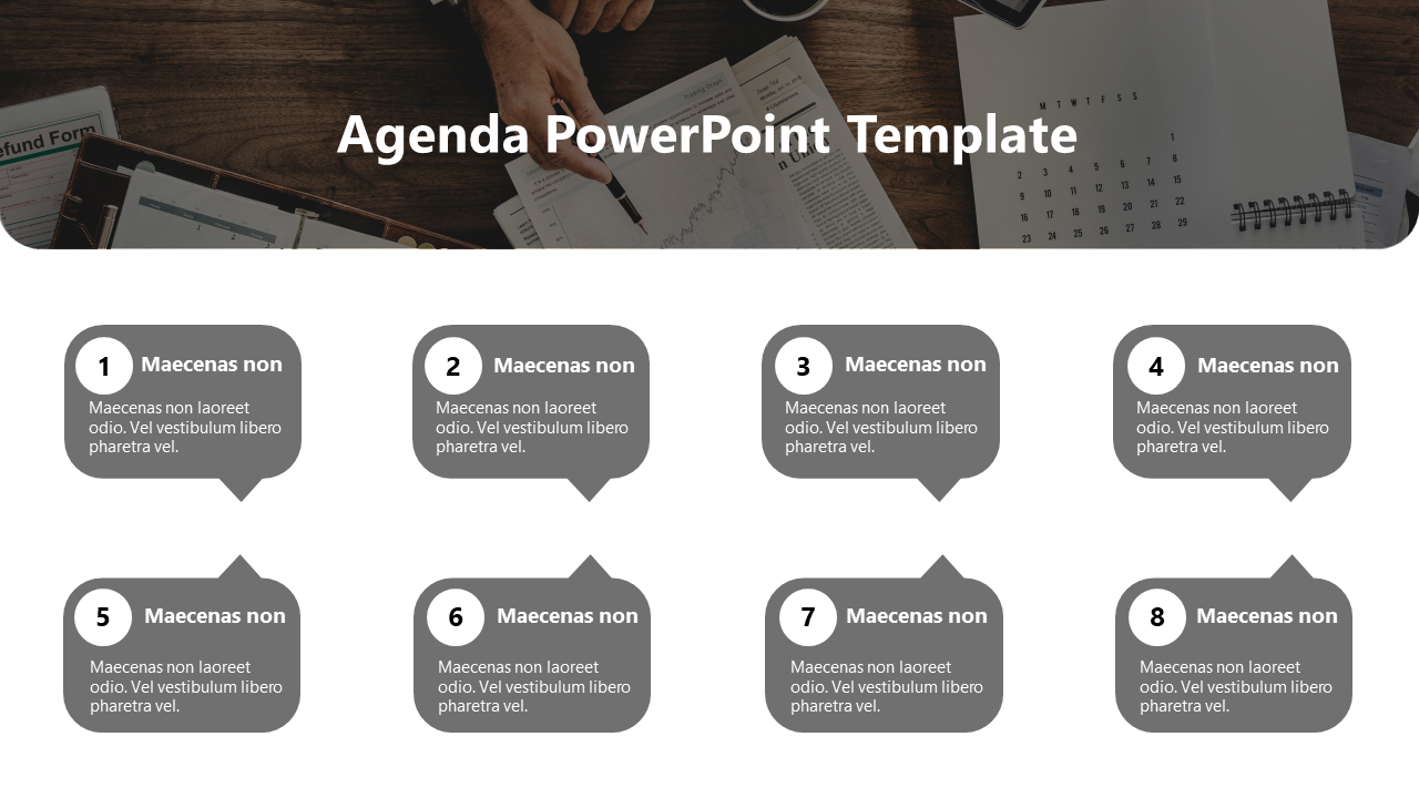 Agenda layout with eight numbered points in gray blocks, placed below the photo of a workspace with documents.