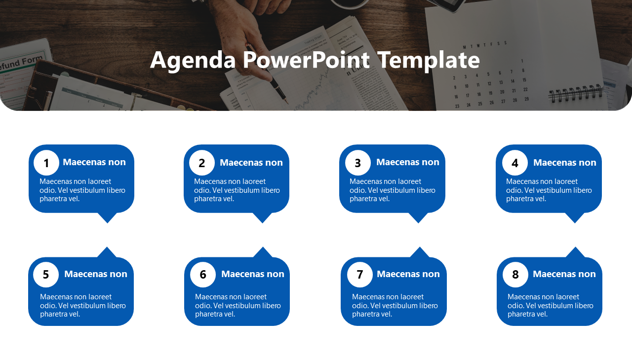 Agenda template with eight numbered sections in blue speech bubbles, overlaid on a workspace image with a calendar.