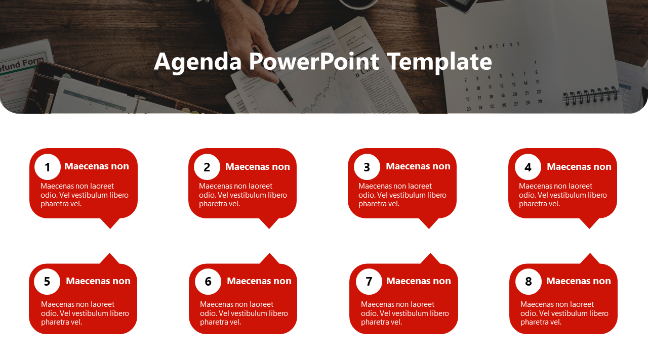 Agenda PowerPoint template with 8 numbered sections, each in a red speech bubble style.