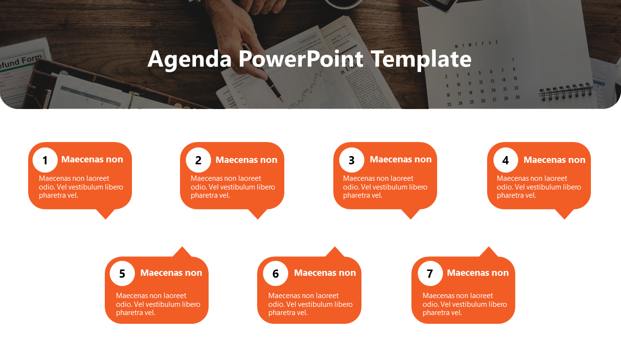 Agenda slide featuring seven numbered points in orange speech bubbles on a desk background with papers.