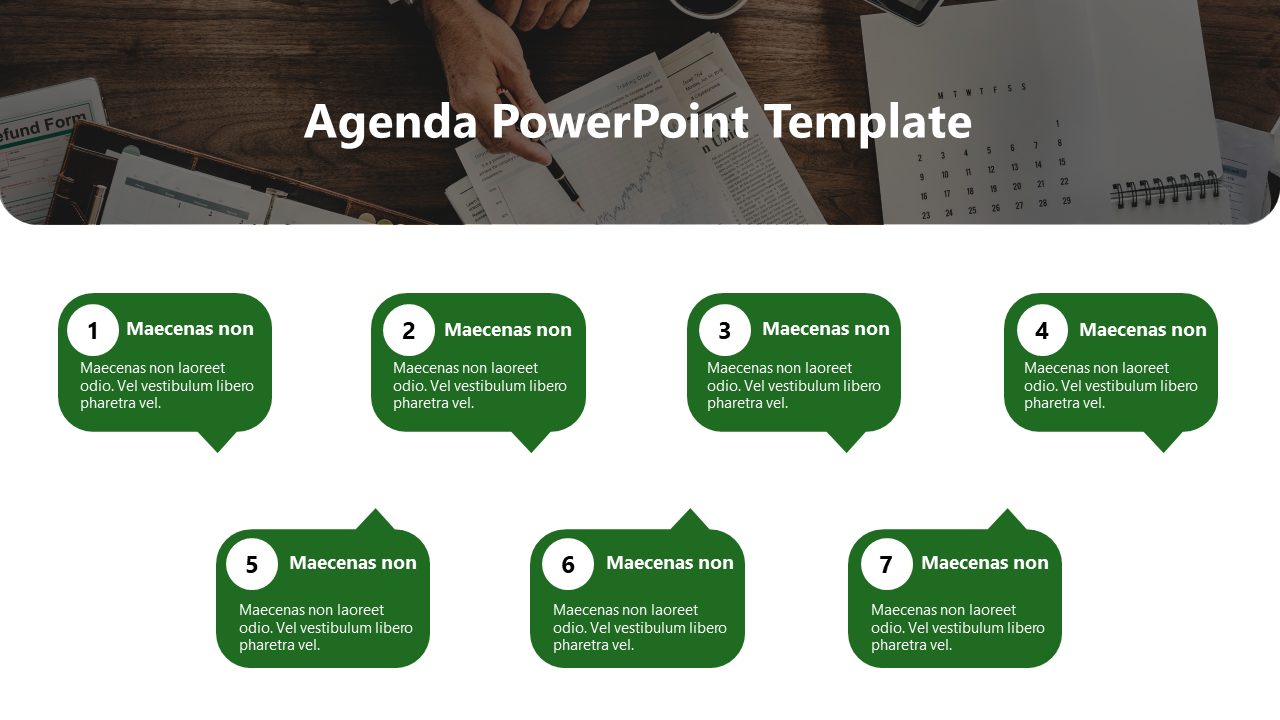 Seven green agenda labels with numbers arranged in two rows, over a background showing a workspace with documents.