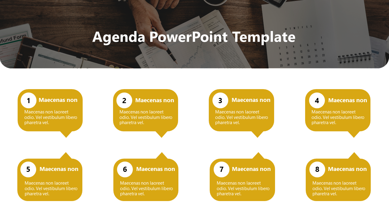 Agenda PowerPoint template with 8 numbered sections, each in a yellow speech bubble style.