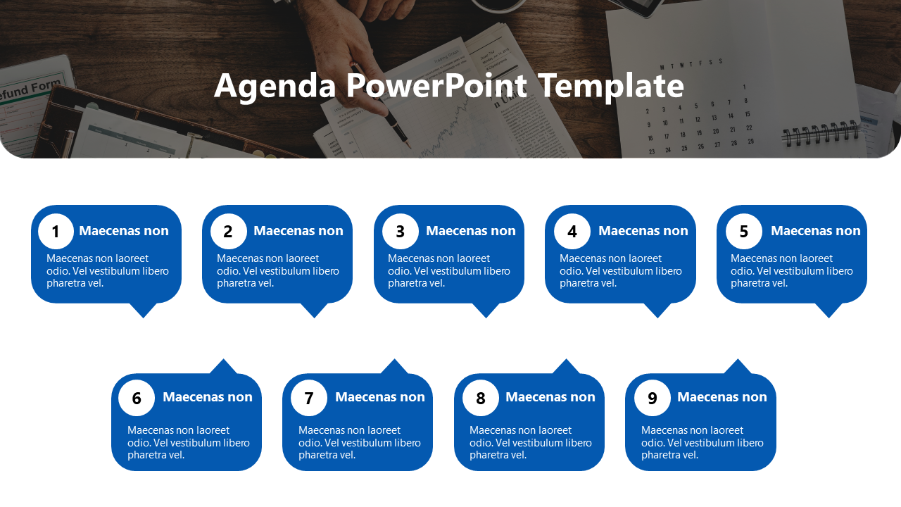 Agenda PowerPoint template with numbered blue text boxes, each representing a different agenda item.