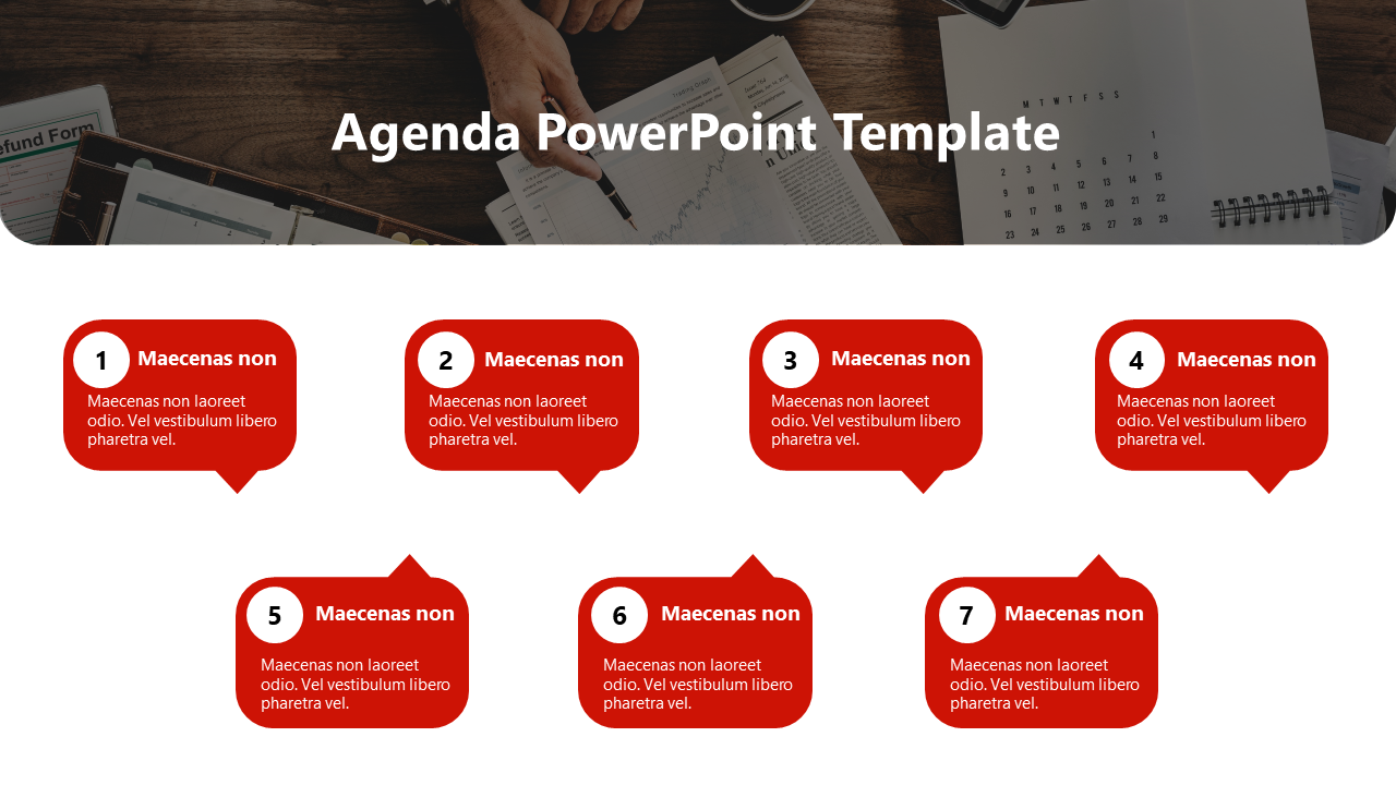 Professional agenda PowerPoint template with numbered sections and red speech bubble design.