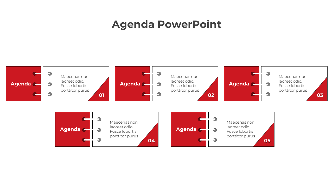 Professional agenda PowerPoint slide with numbered sections and red design elements on a white theme.