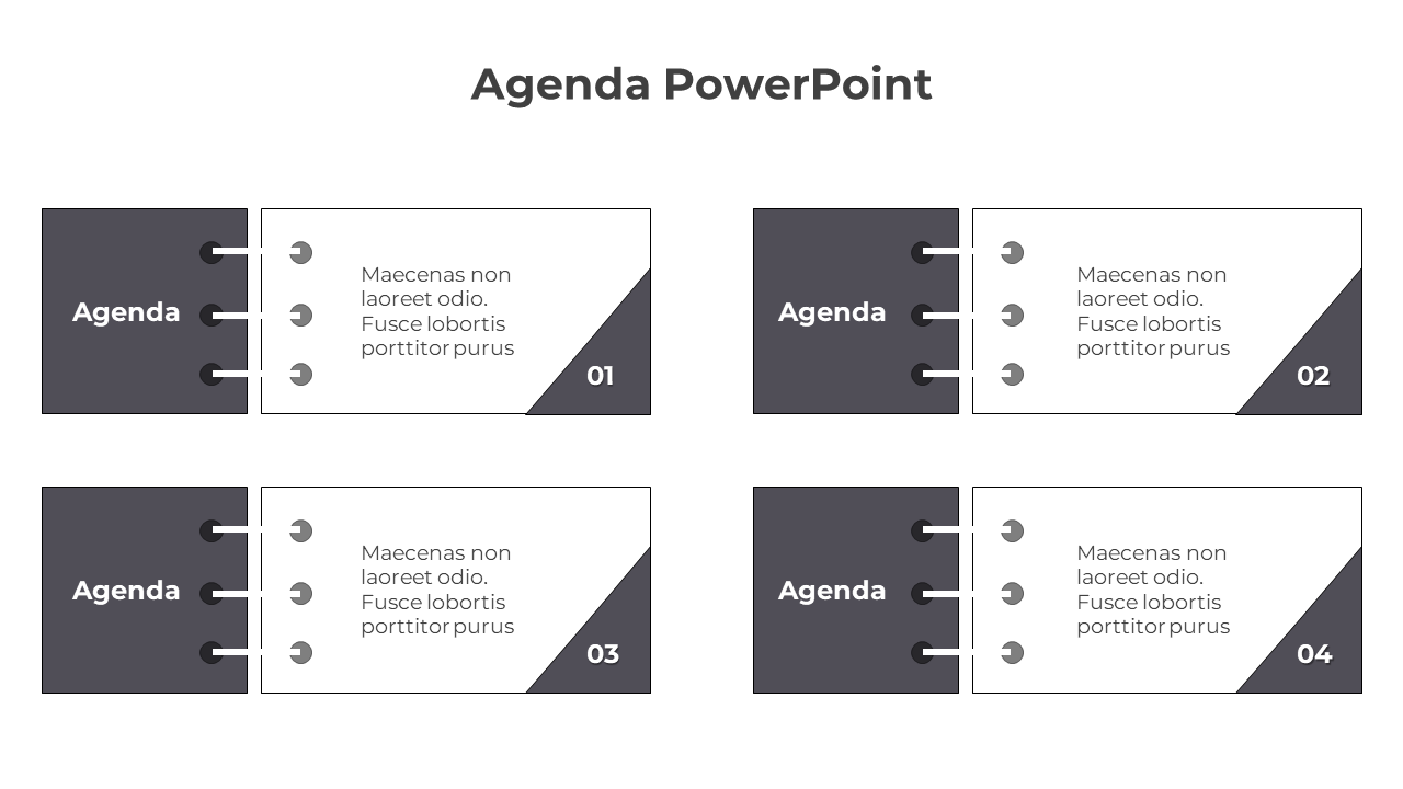 Gray themed agenda slide with four numbered sections, each featuring a title and placeholder text in a tabbed design.