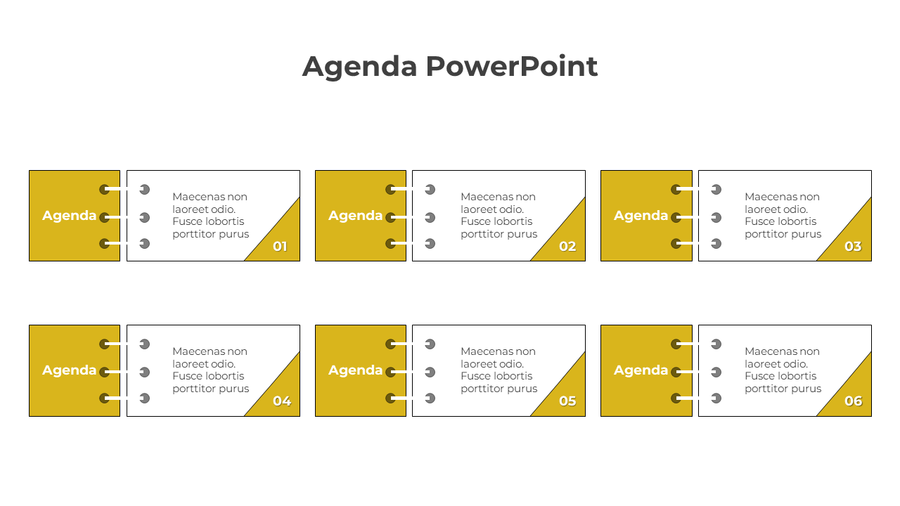 Agenda slide with six sections arranged in two rows, featuring yellow and white blocks with placeholder text.