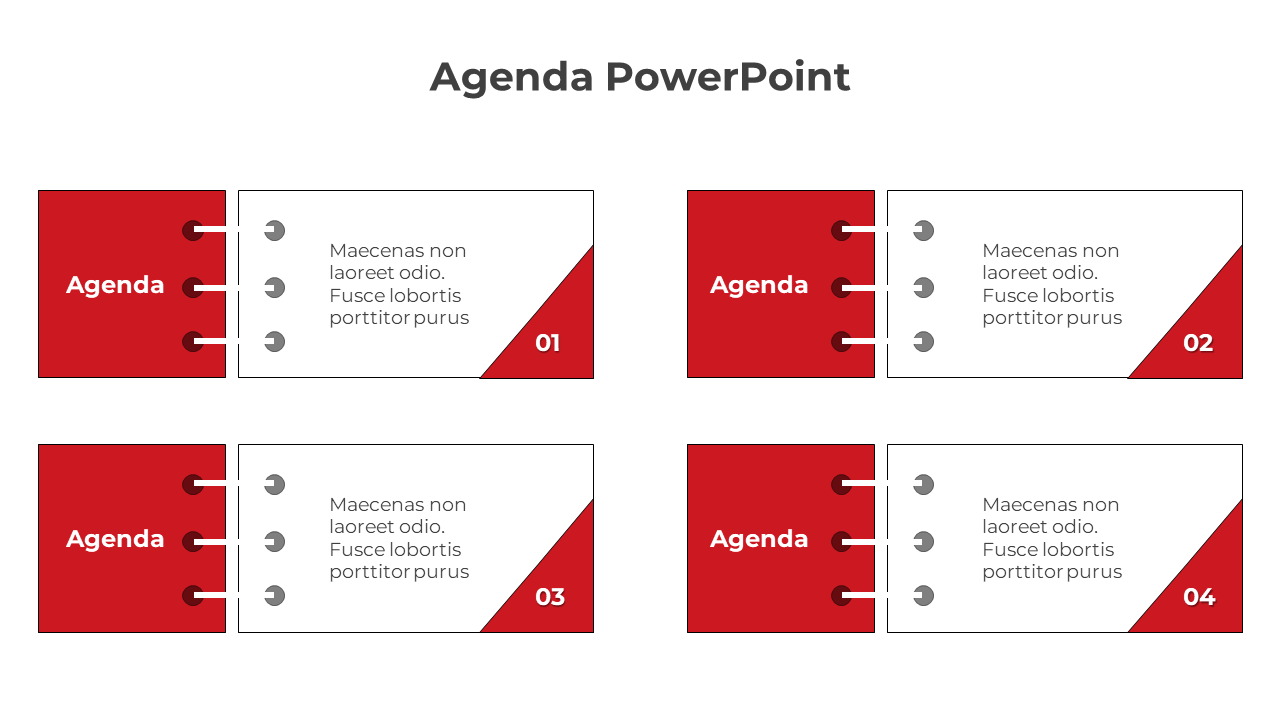 Agenda PowerPoint slide with four numbered sections and red accents for key points.