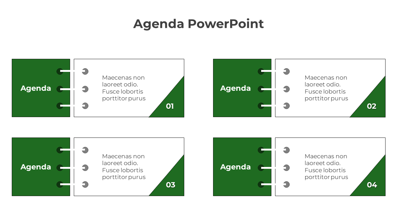 Modern agenda slide layout with green tabs, numbers 01 to 04, and placeholder text, on a white background.