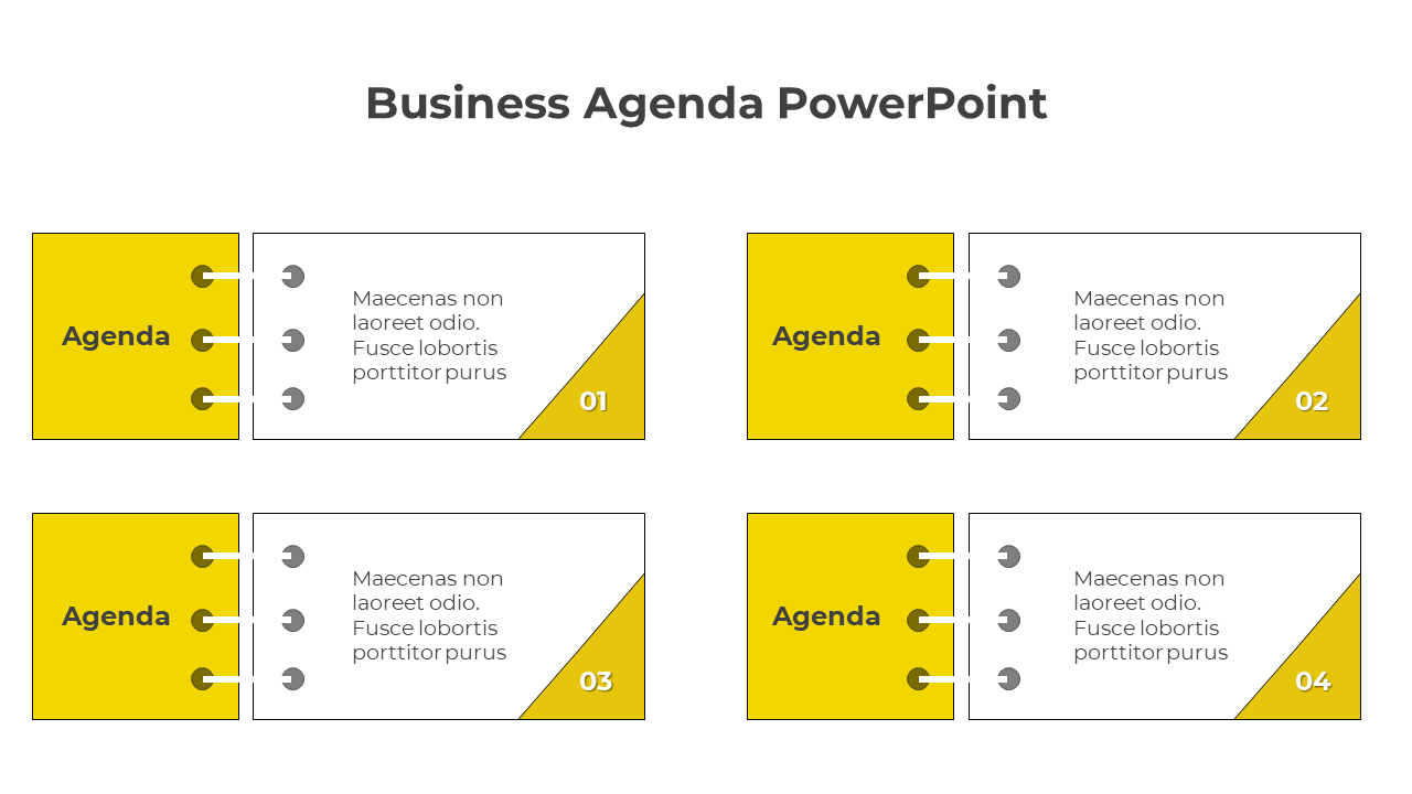 Business agenda slide with four yellow and white sections, each numbered 01 to 04, featuring placeholder text areas.