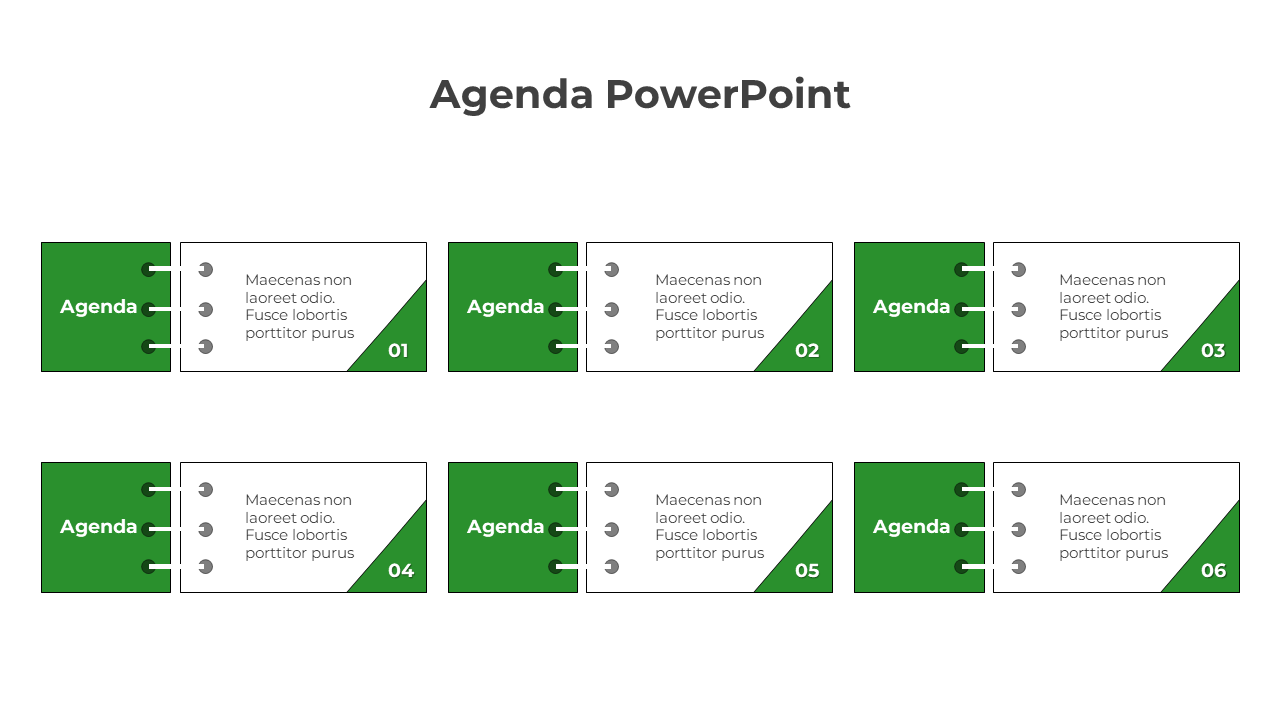 Grid layout with green and white agenda blocks, linked by circular connectors, presenting six sequential steps.