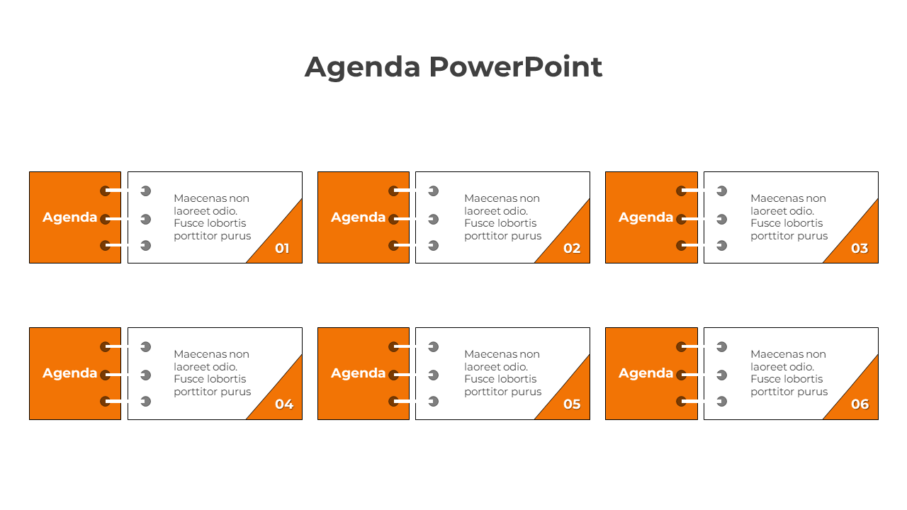 Agenda PowerPoint template featuring six numbered sections and space for content on an orange theme with placeholder text.