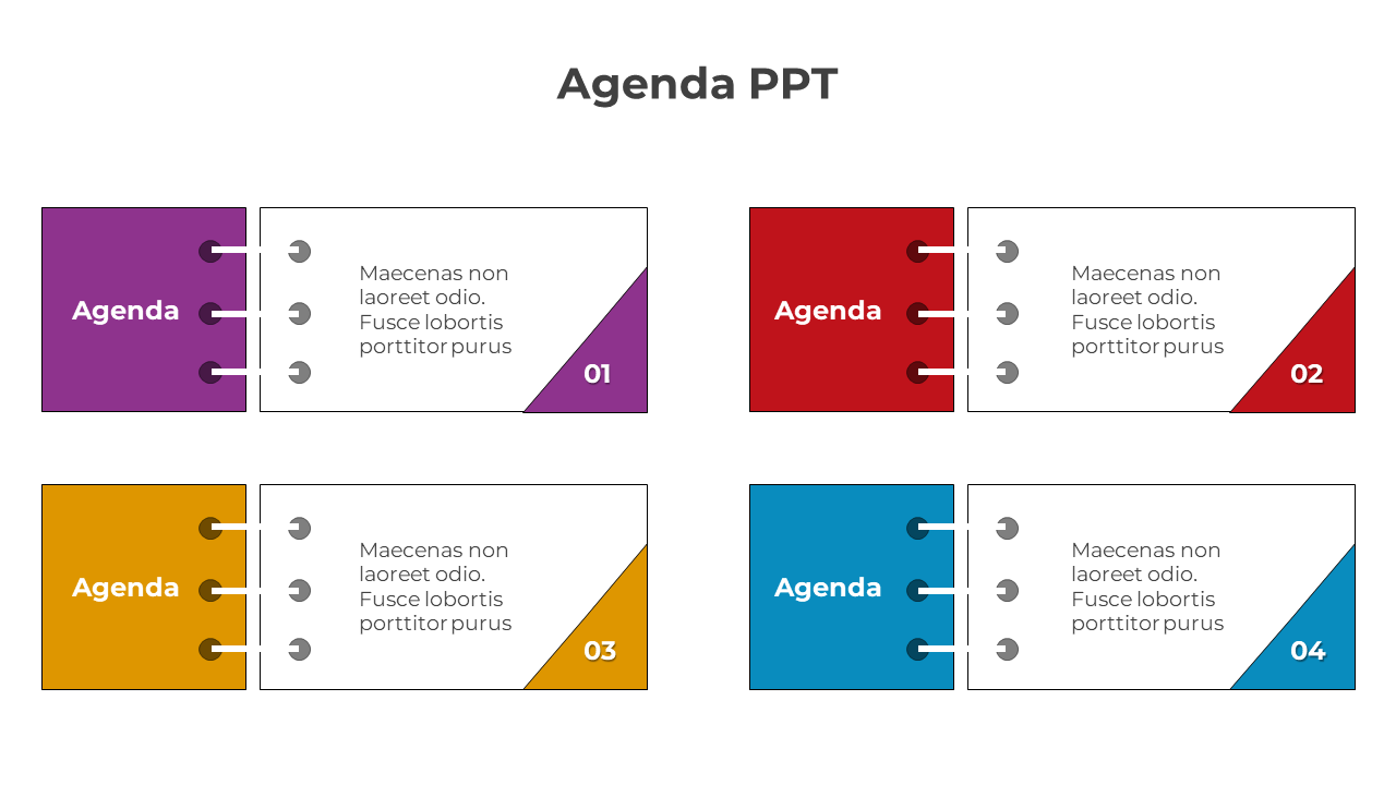 PowerPoint agenda slide with four colorful sections labeled 01 to 04, with corresponding text placeholders for each point.