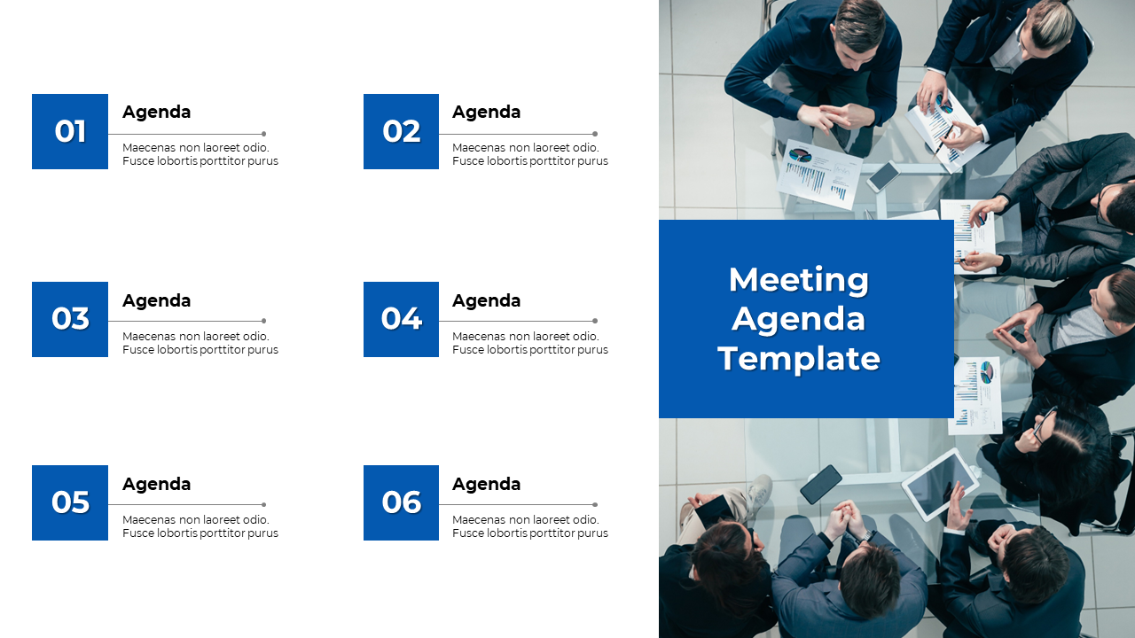 Business strategy session slide featuring numbered agenda items beside an aerial view of a collaborative team meeting.