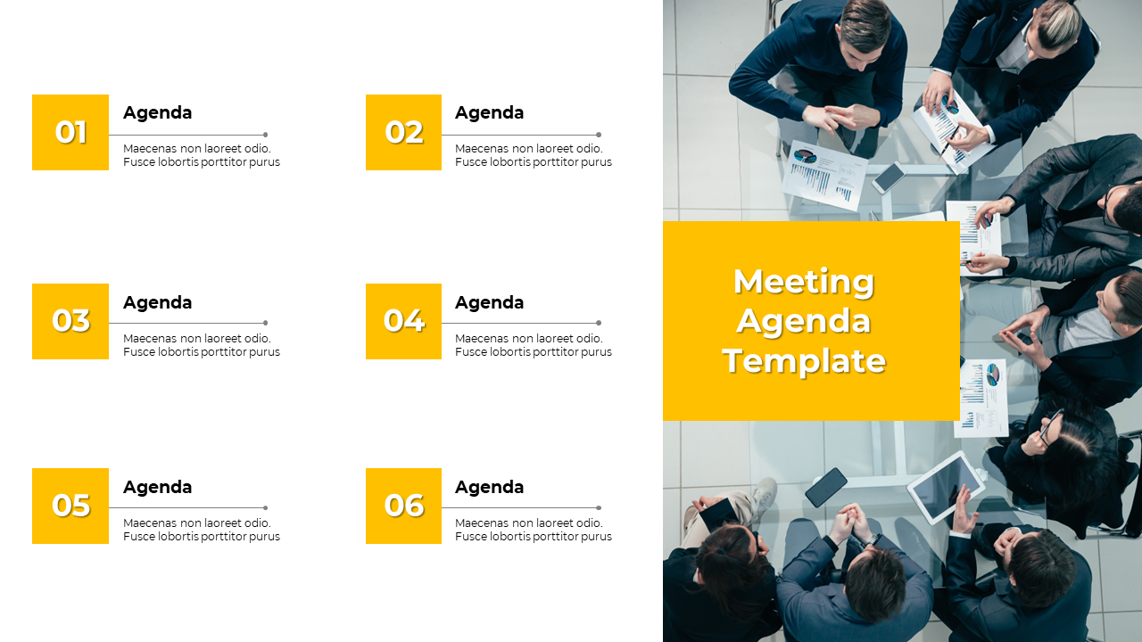 Six numbered yellow boxes with captions and a top-down view of people in a business meeting at the right.