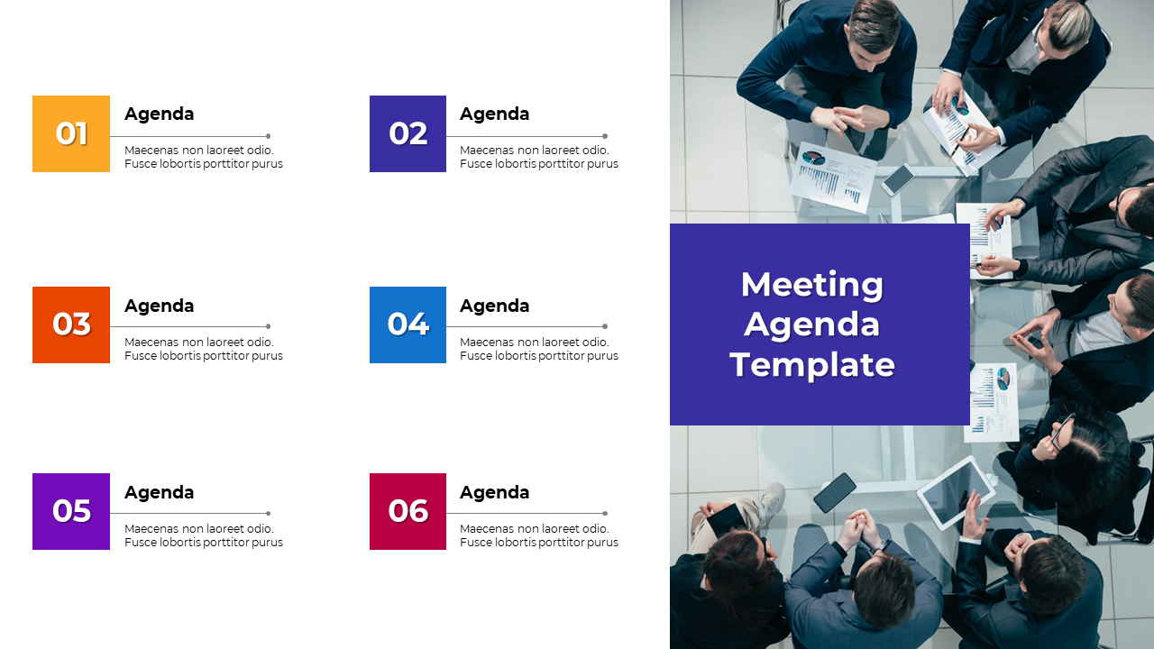 Slide displaying a meeting agenda featuring colorful boxes numbered 01 to 06 with corresponding items and a title section.