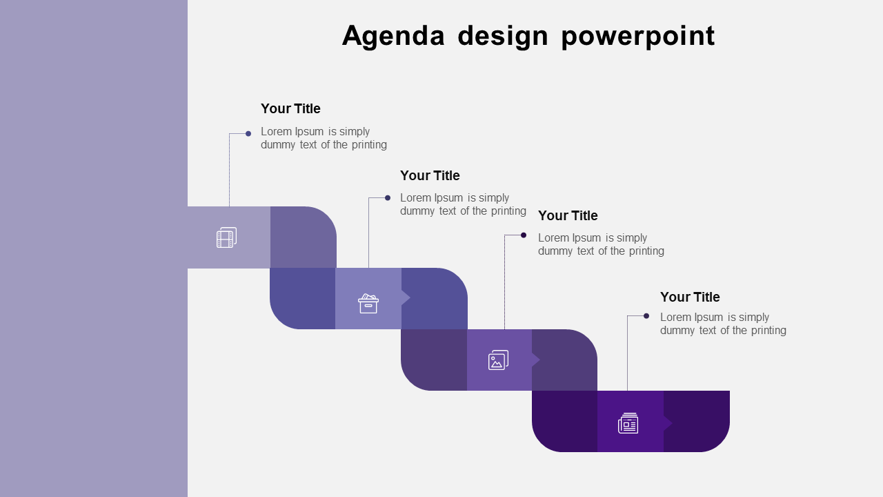 Curved staircase layout with purple gradient blocks featuring agenda titles and placeholder icons.