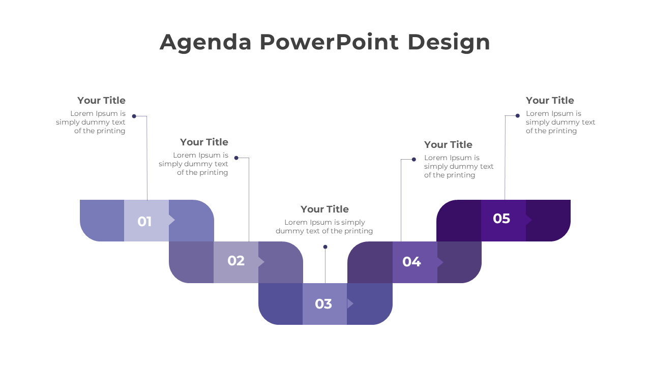 Modern agenda layout showcasing a horizontal process diagram with five numbered segments and text areas.