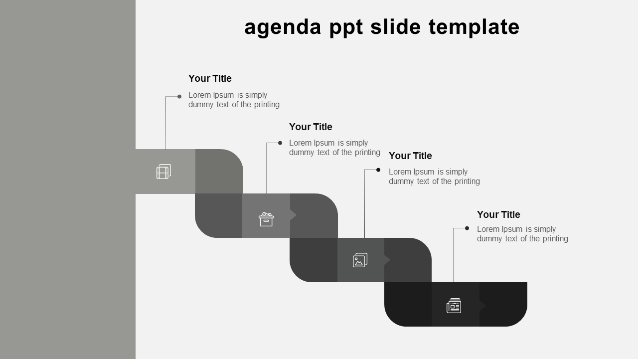 Agenda slide with a curved staircasein shades of gray and black, each step displaying an icon and placeholder text areas.