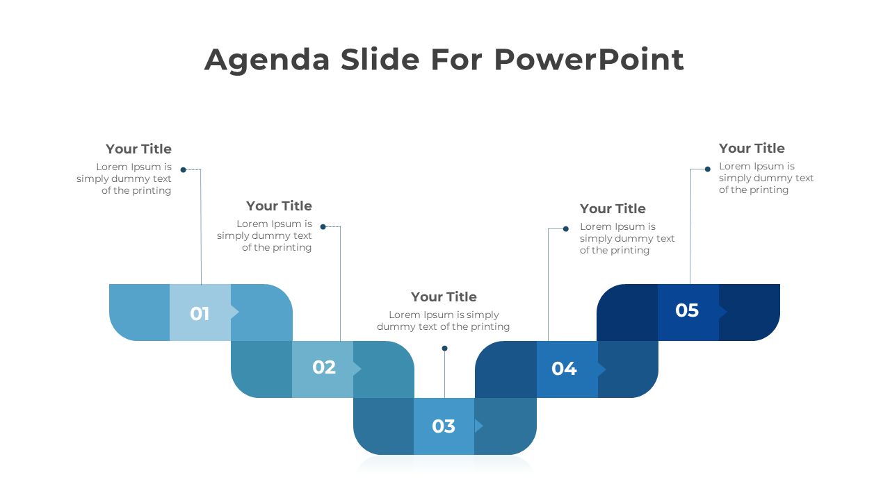 Agenda slide featuring five colored numbered sections with titles and placeholder text for content.