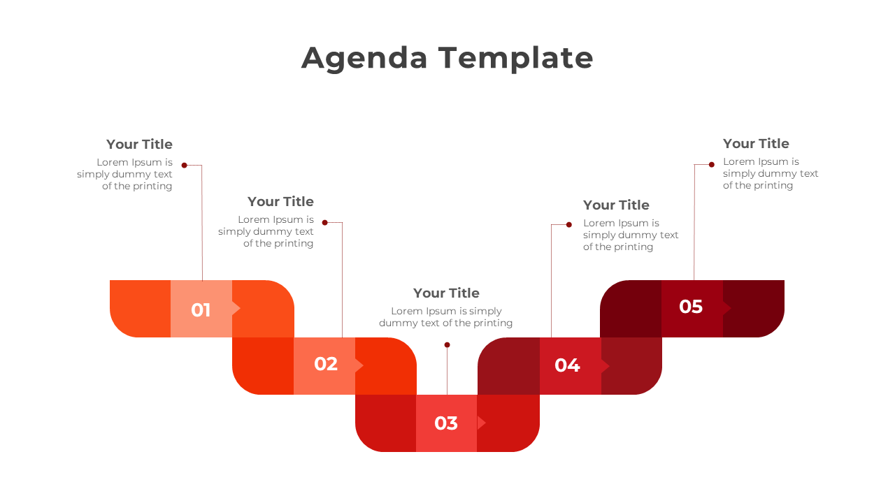 Agenda PPT template featuring numbered blocks in shades of red and orange, with placeholder titles and text.