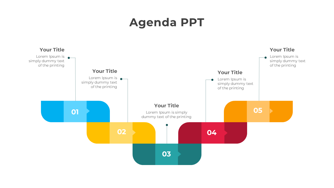 Agenda layout with five sections, each numbered and featuring vibrant colors in blue, yellow, green, red, and orange.