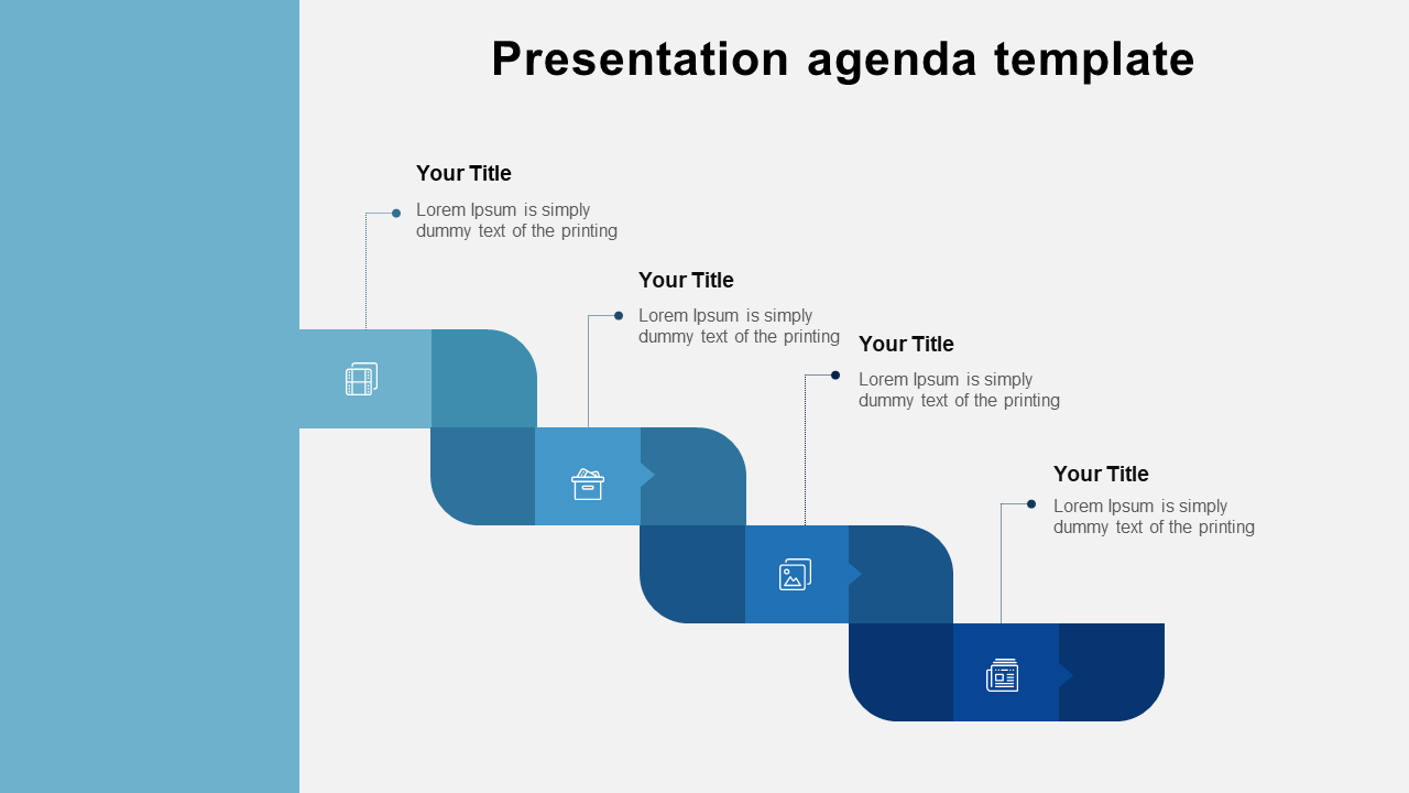 Presentation agenda PPT template with a flow of blue blocks, each featuring an icon and placeholder text.