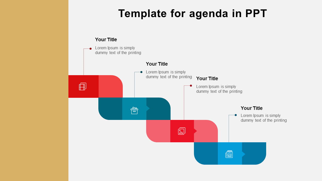 Agenda template with a yellow sidebar and four red and blue sections, each containing icons and labeled with titles.