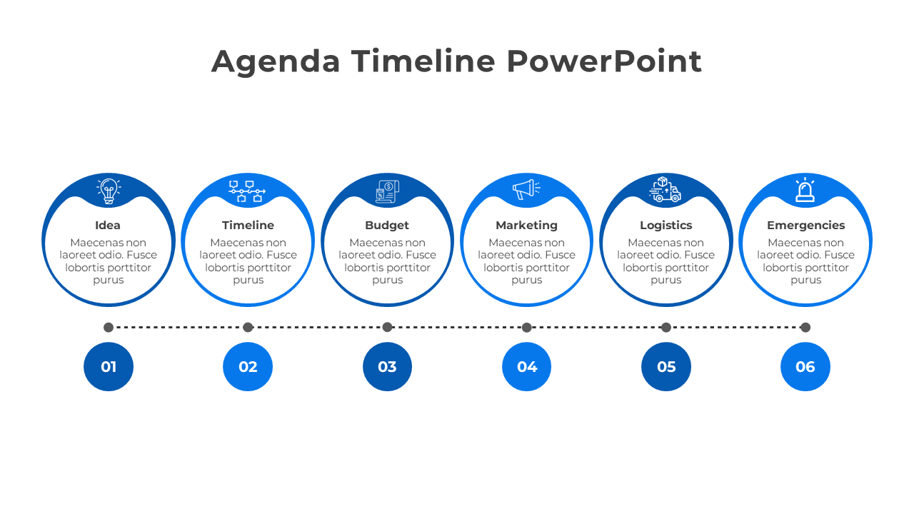 Blue themed timeline with six circular sections, each representing different stages, connected by a dotted line with numbers.