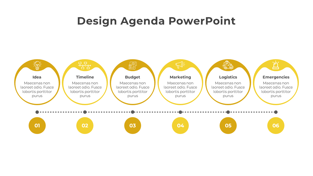 Design Agenda PPT slide with six yellow color circular icons from Idea to Emergencies, each with icons and placeholder text.