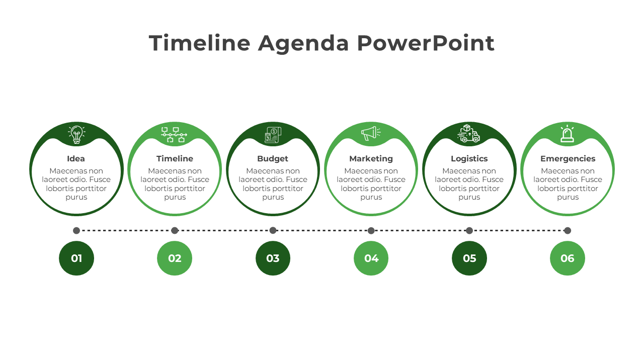 Agenda layout in green, displaying six business related categories with circular icons and text placeholders.