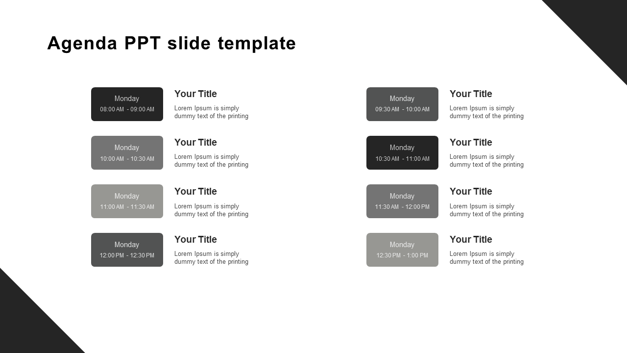 Agenda template in black and gray tones, displaying a Monday schedule with eight time slots on both sides.