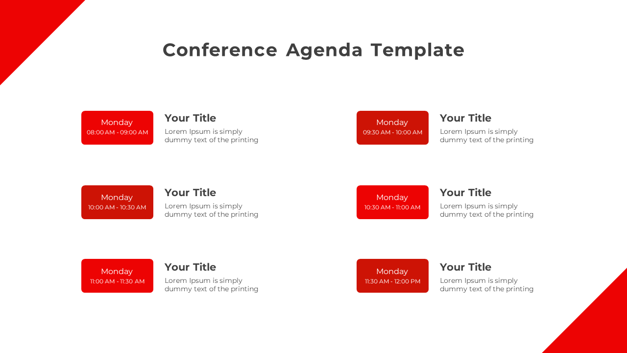 Conference agenda layout with six red boxes showing times, each with a title and description beside it on a white background.