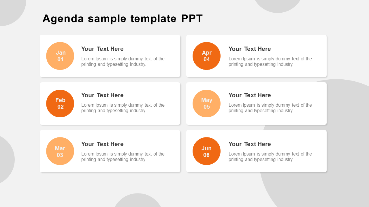 Agenda template with six white rectangular boxes, each containing a circular date icon in shades of orange.