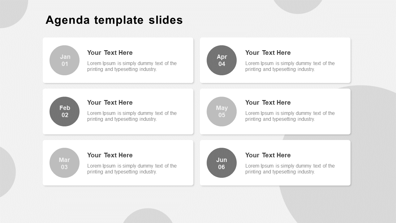 Editable Agenda Template Slides With Six Nodes Model