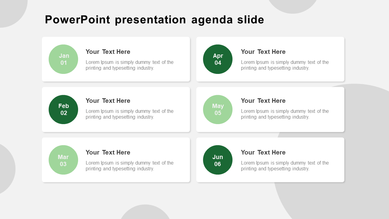 Agenda template with six green circular icons for dates, starting from January to June, each paired with a caption areas.