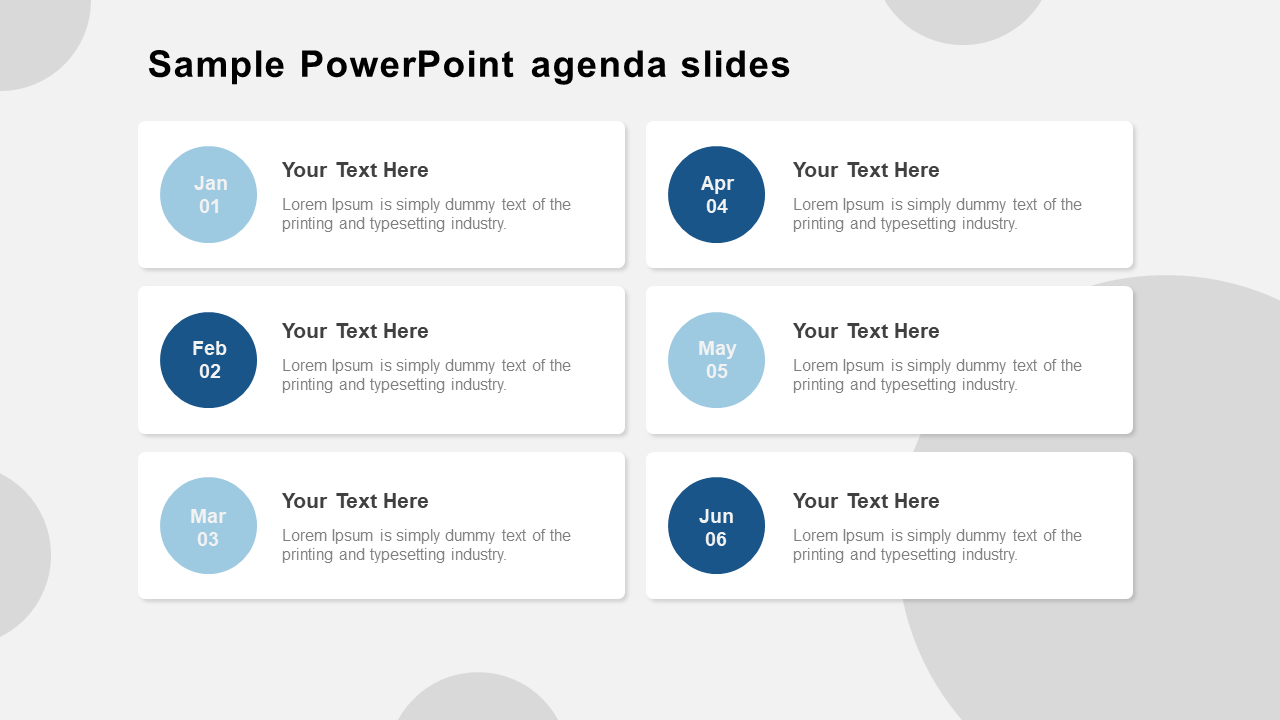 Sample PowerPoint agenda slide with months from January to June, with text placeholders for each month.