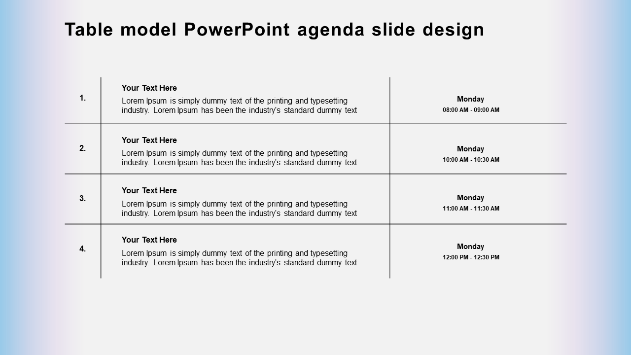 A PowerPoint slide featuring a table layout for an agenda, designed to organize topics and time slots for a monday meeting.