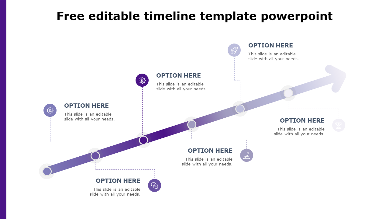 Timeline PPT template with an upward purple arrow path, milestone markers, and text options on a white backdrop.