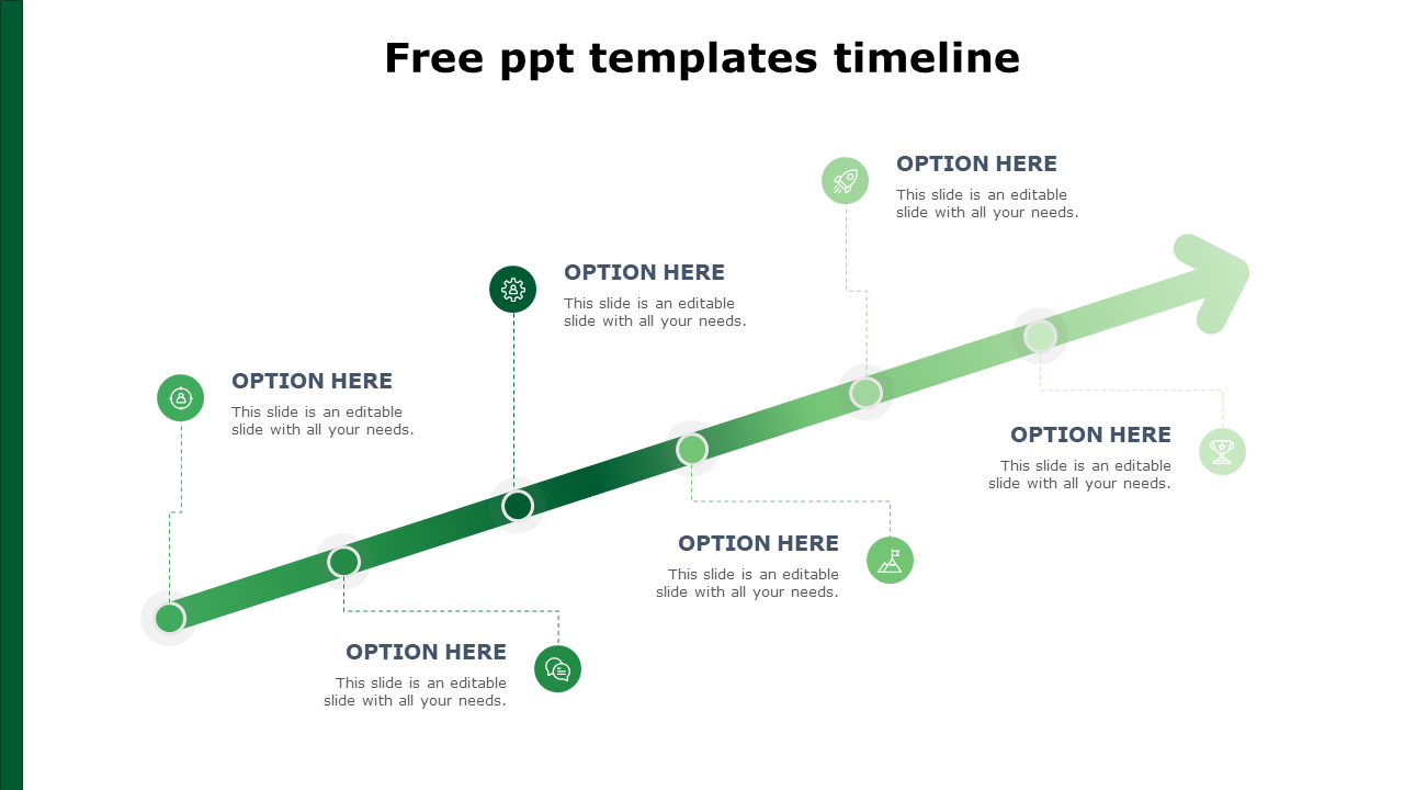 A green gradient timeline slide with five milestone options, each connected by dotted lines to icons.