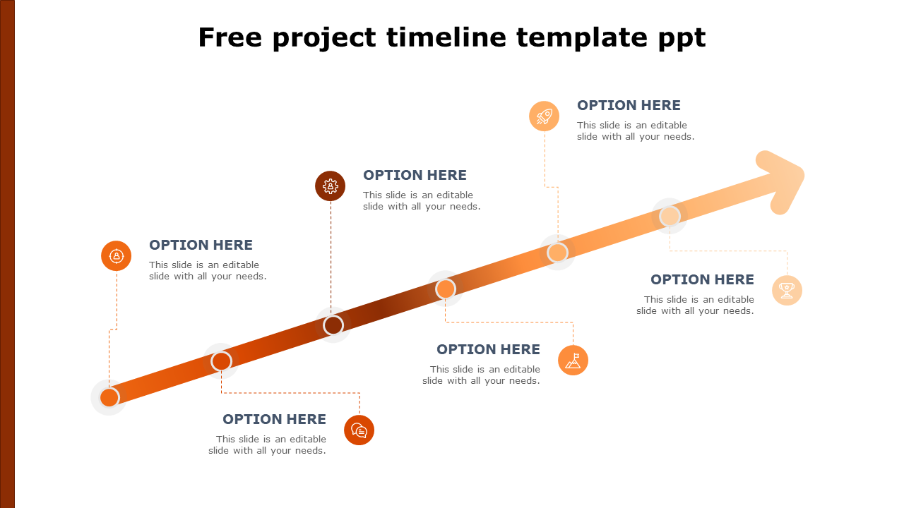 An orange gradient diagonal arrow with six circular icons, marking key milestones along its path.