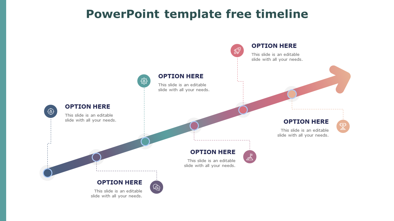 Timeline with a gradient colored arrow and circular markers, each containing an icon, spread across six stages.