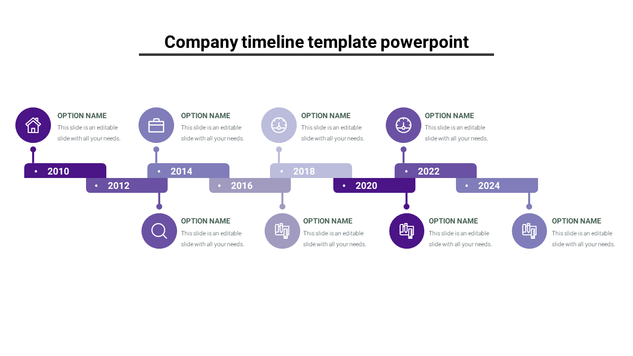 Company timeline with purple color-coded sections marking years from 2010 to 2024, with icons and placeholders text areas.