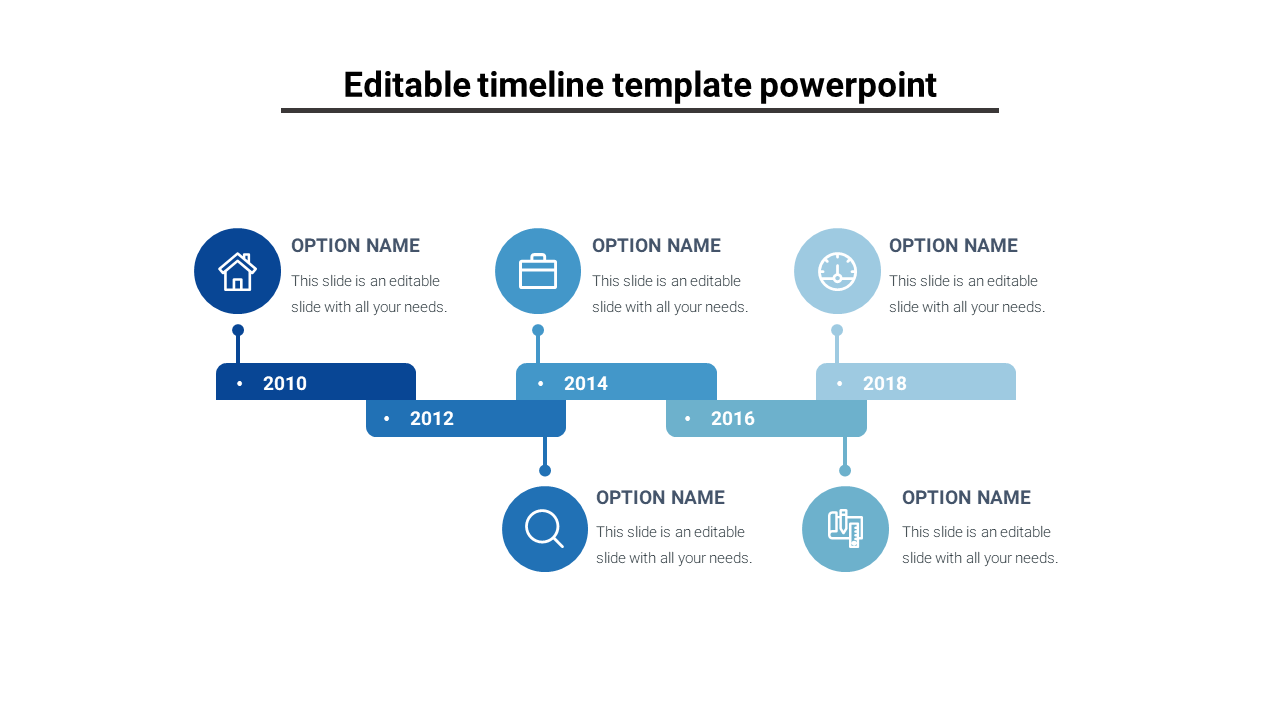 Professional timeline template with a blue gradient design, highlighting key milestones from 2010 to 2018 with icons.