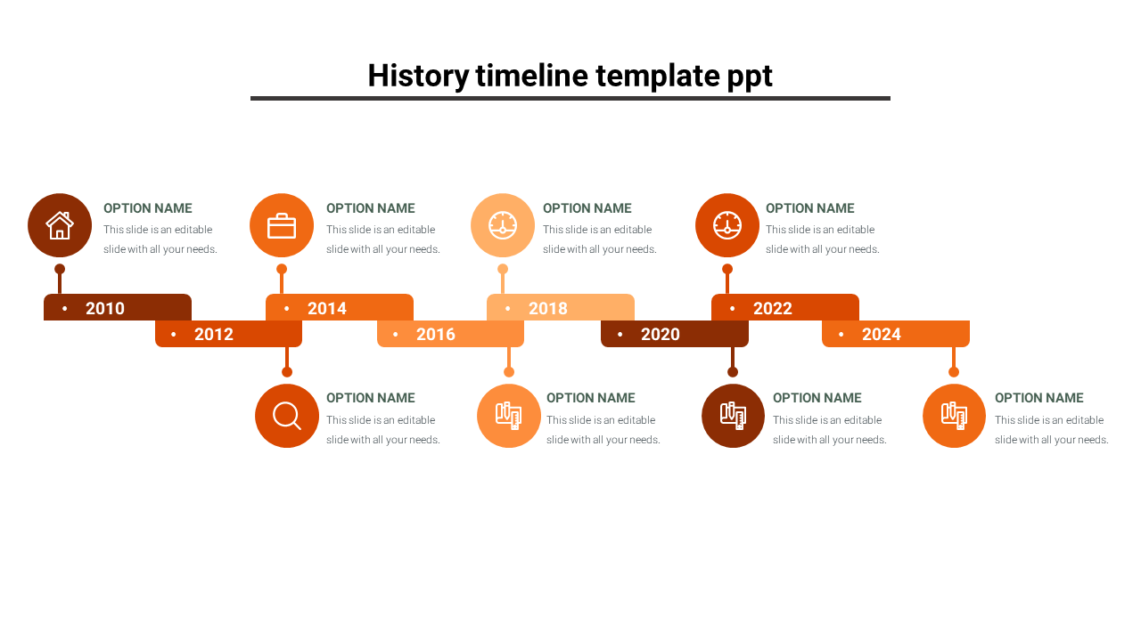 History timeline slide showing key events from 2010 to 2024 with colorful icons and placeholder text on a white background.