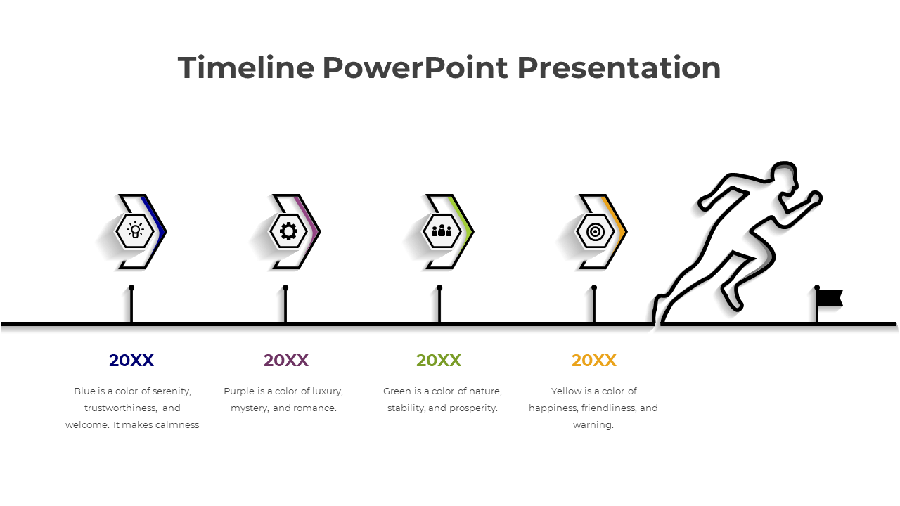 Timeline design with icons in blue, purple, green, and yellow, leading to a running figure at the end.