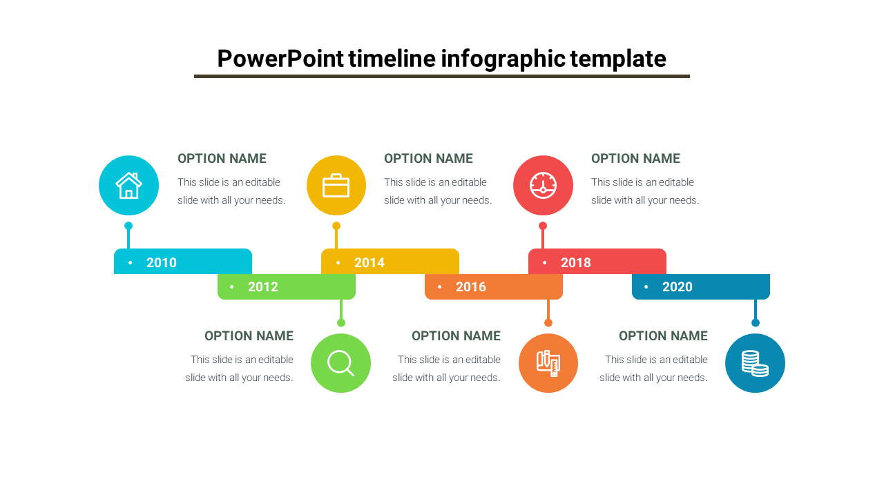 A slide for infographic timeline with six colorful milestones connected to icons by arrows each with caption areas and title.