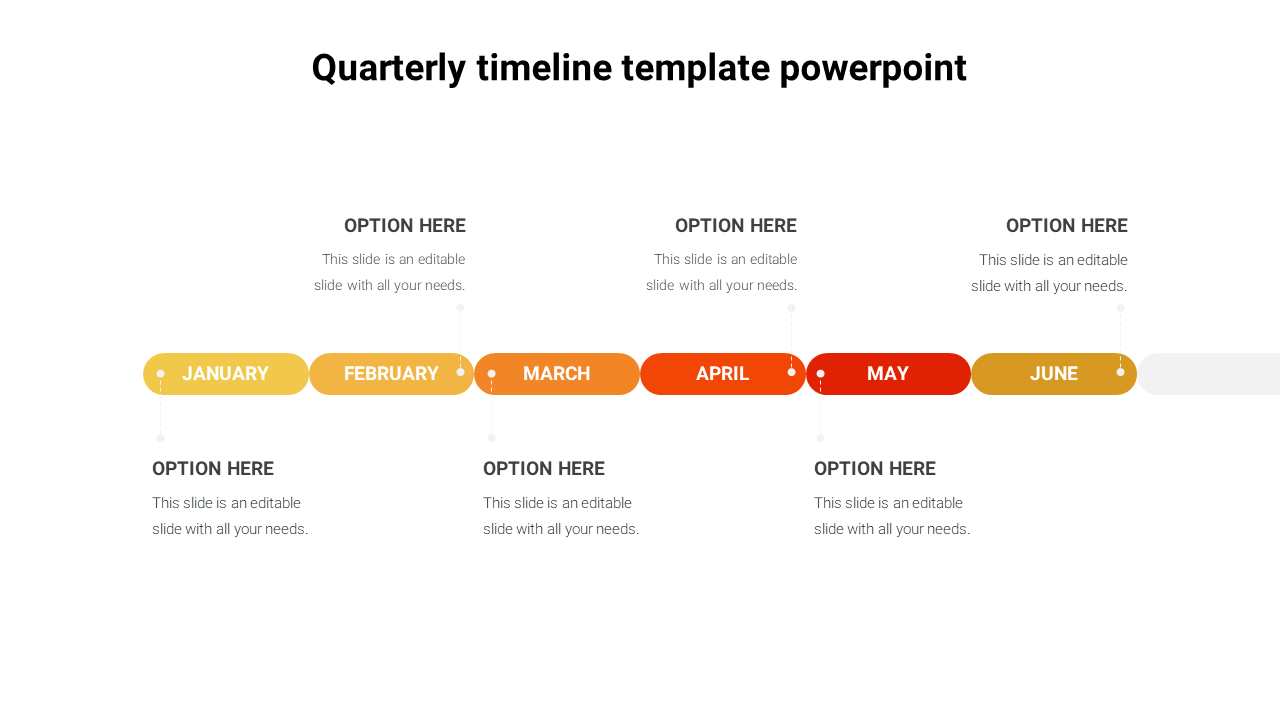 Colorful timeline slide showing months from january to june with options for each month in a quarterly format.