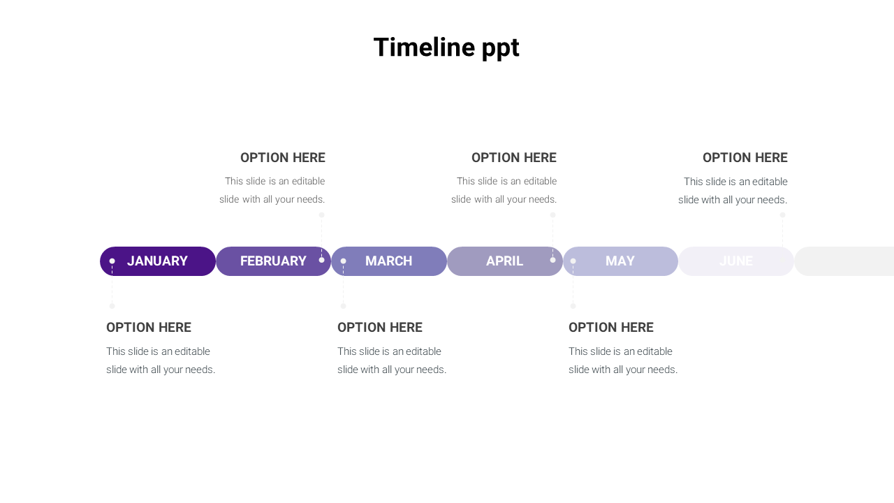 Monthly timeline slide with a gradient purple color scheme from January to June with placeholder text on a white backdrop.